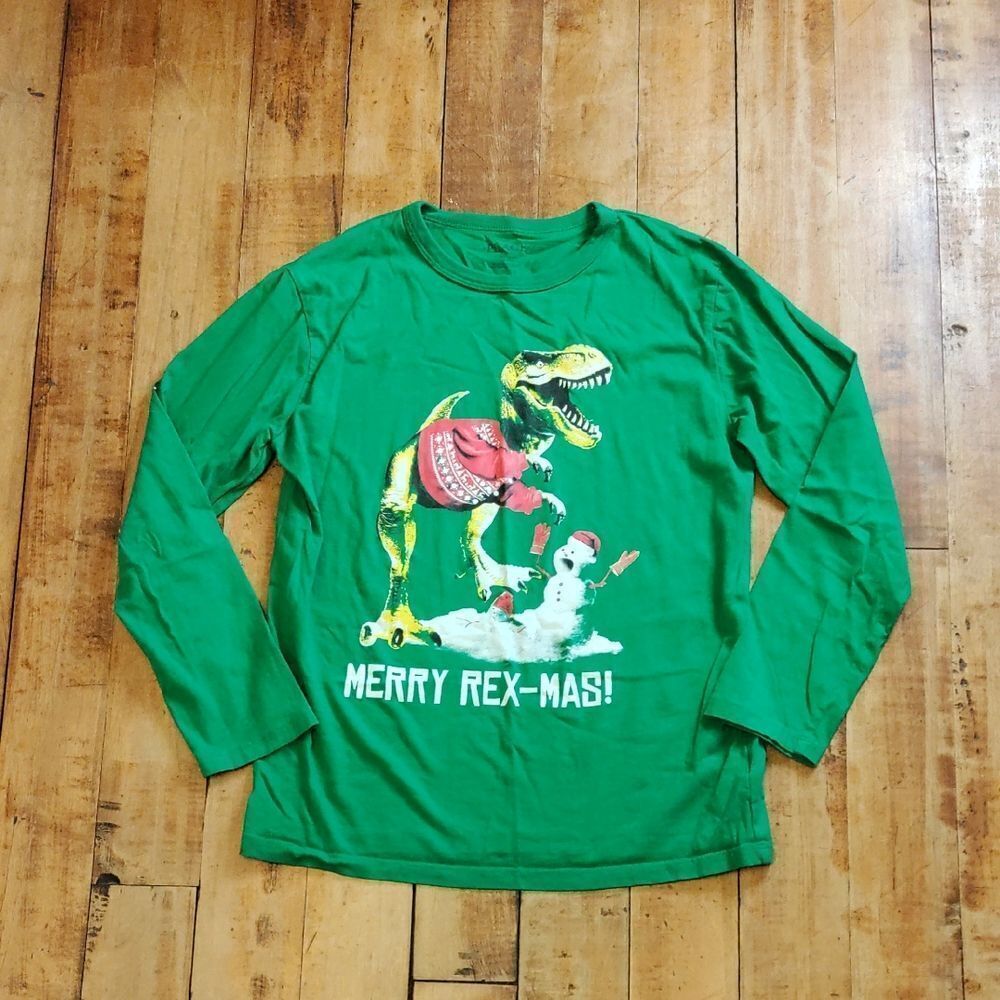 Place Shirt Size 10 Green Merry Rex Mas Long Sleeve Tee Christmas Holiday Cotton